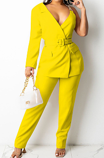 Yellow Fashion One Sleeve Chain Long Sleeve V Neck Belt Long Pants Suit Two-Piece BS1283-4
