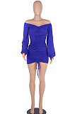 White Women Off Shoulder Long Sleeve Loose Solid Color Shirred Detail Mini Dress FMM2065-1