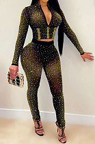 Golden Hot Drilling Fashion Long Sleeve V Neck Long Pants Sets XZ5206-2