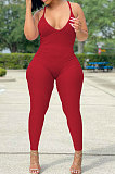 Black Women Sexy Backless Solid Color Club Condole Belt Bodycon Jumpsuits SH7275-1
