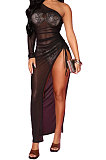 Black Euramerican Women Sexy Bodycon Club Long Sleeve Split Long Dress FMM2058-3