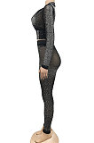 Black Hot Drilling Fashion Long Sleeve V Neck Long Pants Sets XZ5206-1