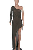 White Euramerican Women Sexy Bodycon Club Long Sleeve Split Long Dress FMM2058-1