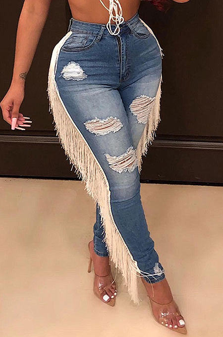 Dark Blue Casual Hole Tassel Trendy Jeans Long Pants SN3658
