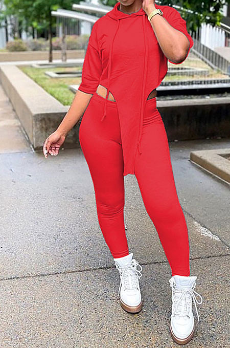Rose Red Women Fashion Casual Pure Color Personality Blouse Hooded Long Panst Sets MR2101-6
