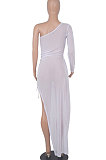 White Euramerican Women Sexy Bodycon Club Long Sleeve Split Long Dress FMM2058-1