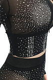Black Hot Drilling Fashion Long Sleeve V Neck Long Pants Sets XZ5206-1