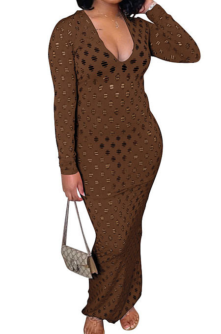 Yellow Women Long Sleeve Sexy V Neck Club Hole Long Dress FMM2057-2