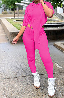 Rose Red Women Fashion Casual Pure Color Personality Blouse Hooded Long Panst Sets MR2101-6