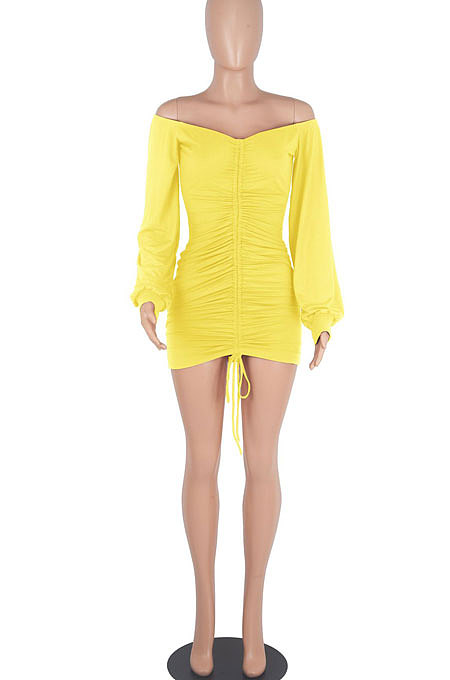 Yellow Women Off Shoulder Long Sleeve Loose Solid Color Shirred Detail Mini Dress FMM2065-2