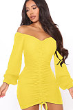 Army Green Women Off Shoulder Long Sleeve Loose Solid Color Shirred Detail Mini Dress FMM2065-6