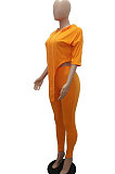 Orange Women Fashion Casual Pure Color Personality Blouse Hooded Long Panst Sets MR2101-1