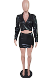 Rose Red Modest High Elastic Long Sleeve Lapel Neck Deep V Collar Dew Crop  Top High Waist PU Leather Short Skitrs Sets BS1282-2