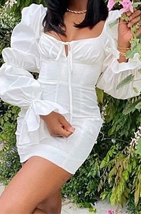 White Square Neck Puff Sleeve Bandage Zip Back Solid Color Sexy Hip Dress BN9292-2
