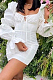 White Square Neck Puff Sleeve Bandage Zip Back Solid Color Sexy Hip Dress BN9292-2