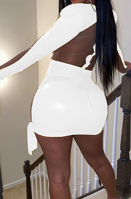 White New PU+Mesh Spliced Low-Cut Long Sleeve Bandage Sexy Mini Dress BN9293-2