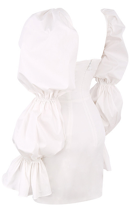 White Square Neck Puff Sleeve Bandage Zip Back Solid Color Sexy Hip Dress BN9292-2