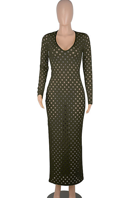 Army Green Women Long Sleeve Sexy V Neck Club Hole Long Dress FMM2057-5