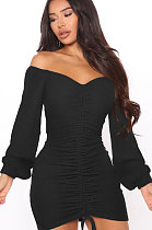 Black Women Off Shoulder Long Sleeve Loose Solid Color Shirred Detail Mini Dress FMM2065-4