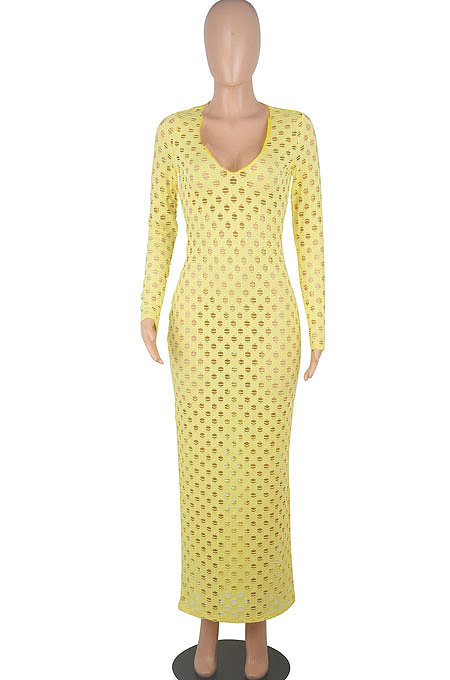 Army Green Women Long Sleeve Sexy V Neck Club Hole Long Dress FMM2057-5