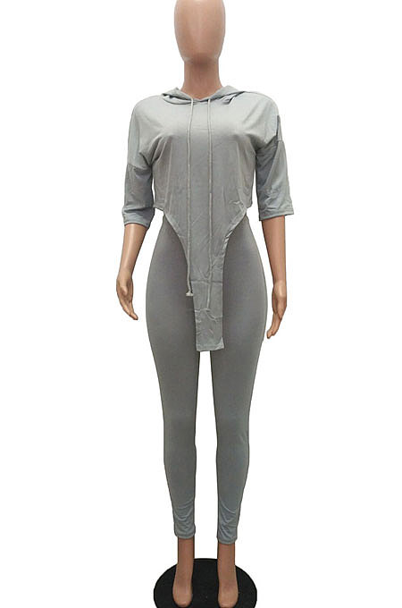 White Women Fashion Casual Pure Color Personality Blouse Hooded Long Panst Sets MR2101-2