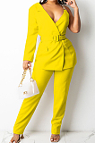 Red Fashion One Sleeve Chain Long Sleeve V Neck Belt Long Pants Suit Two-Piece BS1283-1