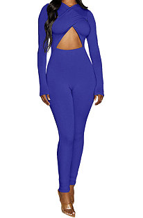 Bright Blue Long Sleeve Sexy Tight Club High Waist Solid WaistBodycon Jumpsuits FMM2062-4