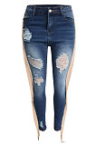Dark Blue Casual Hole Tassel Trendy Jeans Long Pants SN3658