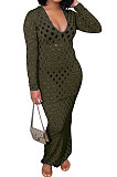 Blue Women Long Sleeve Sexy V Neck Club Hole Long Dress FMM2057-1