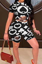 Black Printing Hollow Out O Neck Short Sleeve Casual Shorts Two-Piece HMR6014