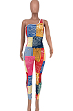Green Nigh Club Women One Shoulder Sleeveless Digital Printing Bodycon Jumpsuits HG117-2