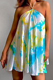 Red Sexy Halter Neck Backless Digital Tie Dye Printing Loose Swing Dress ZDD31157-1