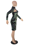 Red Camouflage Printing Half High Neck Long Sleeve Hollow Out Collcet Waist Hip Dress YMM9055-2