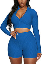 Blue Euramerican Women Bodycon Pure Color Long Sleeve Casual Yoga Sport Shorts Sets SN390110-8