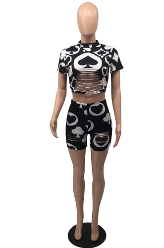 Black Printing Hollow Out O Neck Short Sleeve Casual Shorts Two-Piece HMR6014