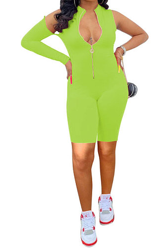 Orange Red Euramerican Women Zipper Off Shoulder Single Sleeve Solid Color Romper Shorts AYQ0506-1