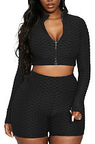 Black Euramerican Women Bodycon Pure Color Long Sleeve Casual Yoga Sport Shorts Sets SN390110-1