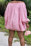 Blue Cute Solid Colur Lantern Sleeve A Word Shoulder Loose Mini Dress YT3286-2