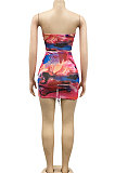 Red Sexy Strapless Mesh Spaghetti Drawsting Skirts Sets XZ5173-1