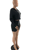 Gray Women Pure Color Hat Long Sleeve Shorts Sets AYQ0419-3