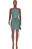 Green Nigh Club Halter Neck Backless Irregularity Top Ruffle Bandage Short Skirts Two-Piece ZDD31158-1