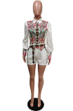Lake Blue New Digital Printing Long Sleeve Lapel Neck Single-Breasted Shirt Tied Romper Shorts F88379-1