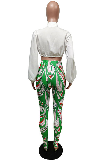 Orange Fashion Lapel Neck Lantern Sleeve Tied  Crop Top High Waist Printing Pants F88380-2