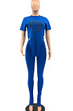 Blue Women Printing Fashion Short Sleeve Round Neck Split Pants Sets AYQ0501-1