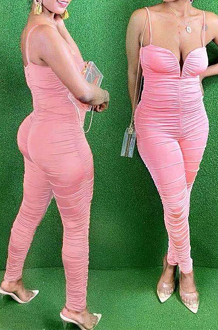 Pink Night Club Condole Belt Low Cut Solid Colur Bodycon Jumpsuits HMR6015-4