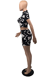 Black Printing Hollow Out O Neck Short Sleeve Casual Shorts Two-Piece HMR6014