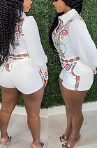 White New Digital Printing Long Sleeve Lapel Neck Single-Breasted Shirt Tied Romper Shorts F88379-3