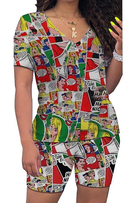 Colorful Cartoon Graphic Printing V Collar Short Sleeve T-Shirt Shorts Sport Sets HMR6017