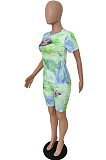 Pink Blue Tie Dye Lip Printing Short Sleeve Round Collar Shorts Two-Piece HMR6016-2