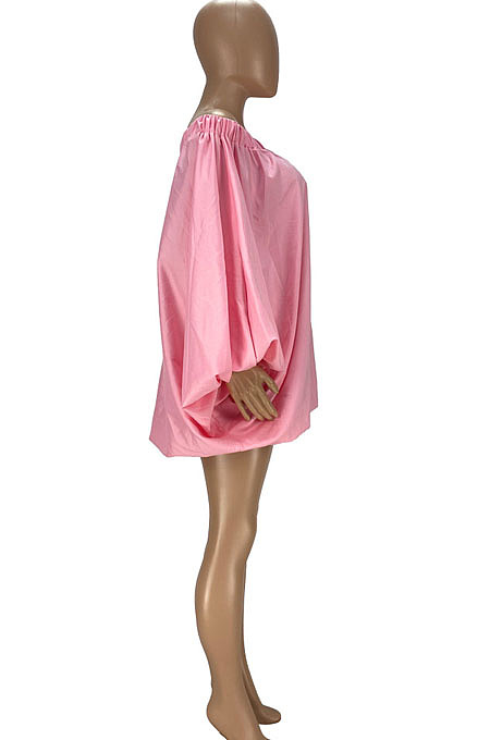 Orange Cute Solid Colur Lantern Sleeve A Word Shoulder Loose Mini Dress YT3286-3